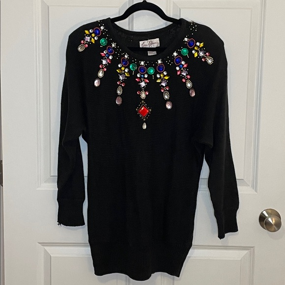 Eddie Dassin Sweaters - 1980s Eddie Dassin Black Gem Glam Vintage Sweater Holiday